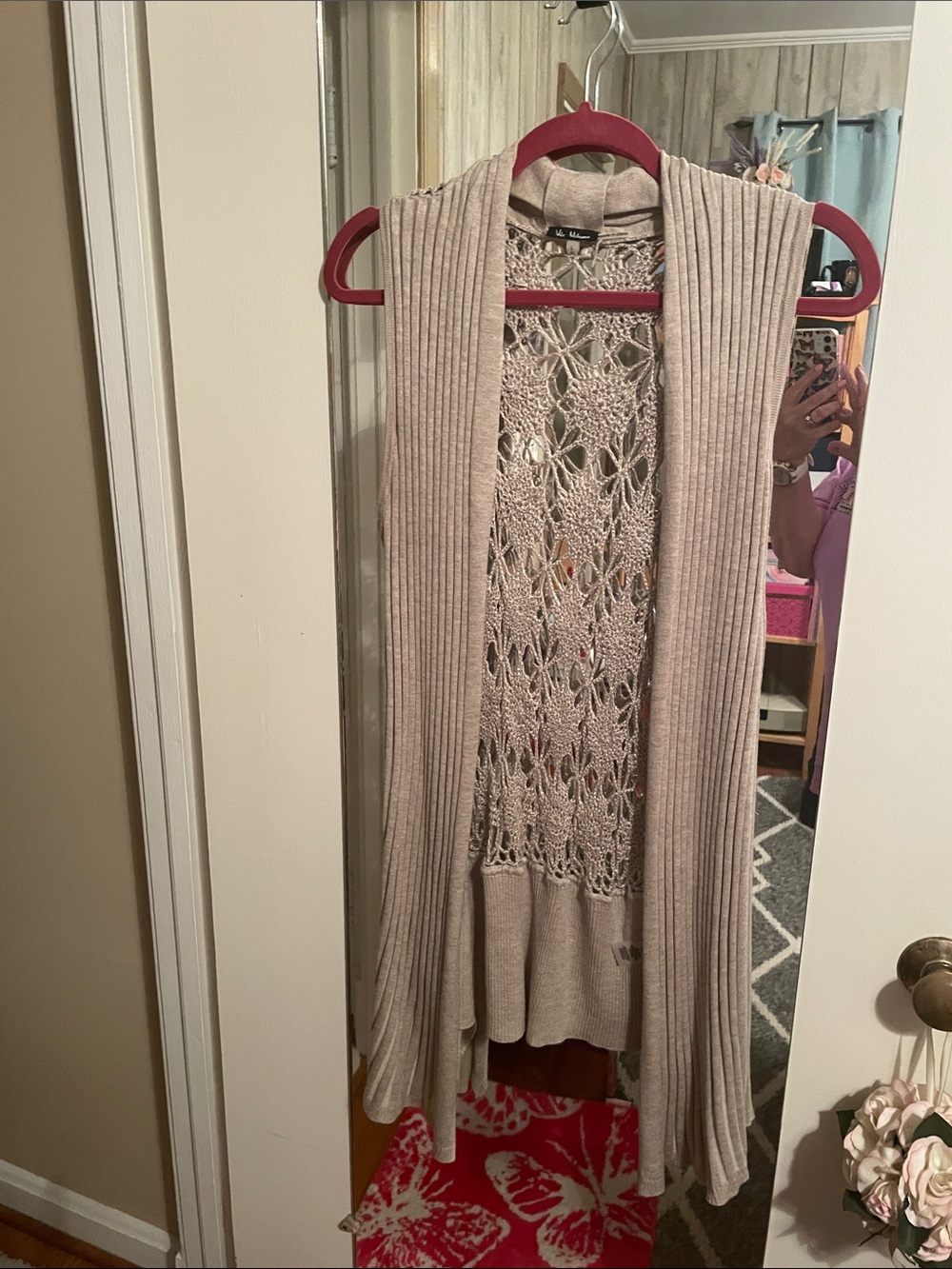 Vila Milano Large Crochet-Back Open-Front Sweater Vest in Light Beige
